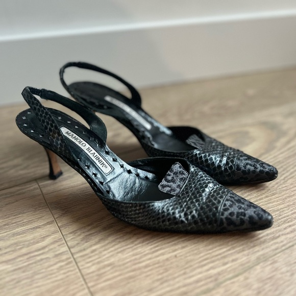 Manolo Blahnik Shoes - Manolo Blahnik Black Animal Print Leather Slingbacks